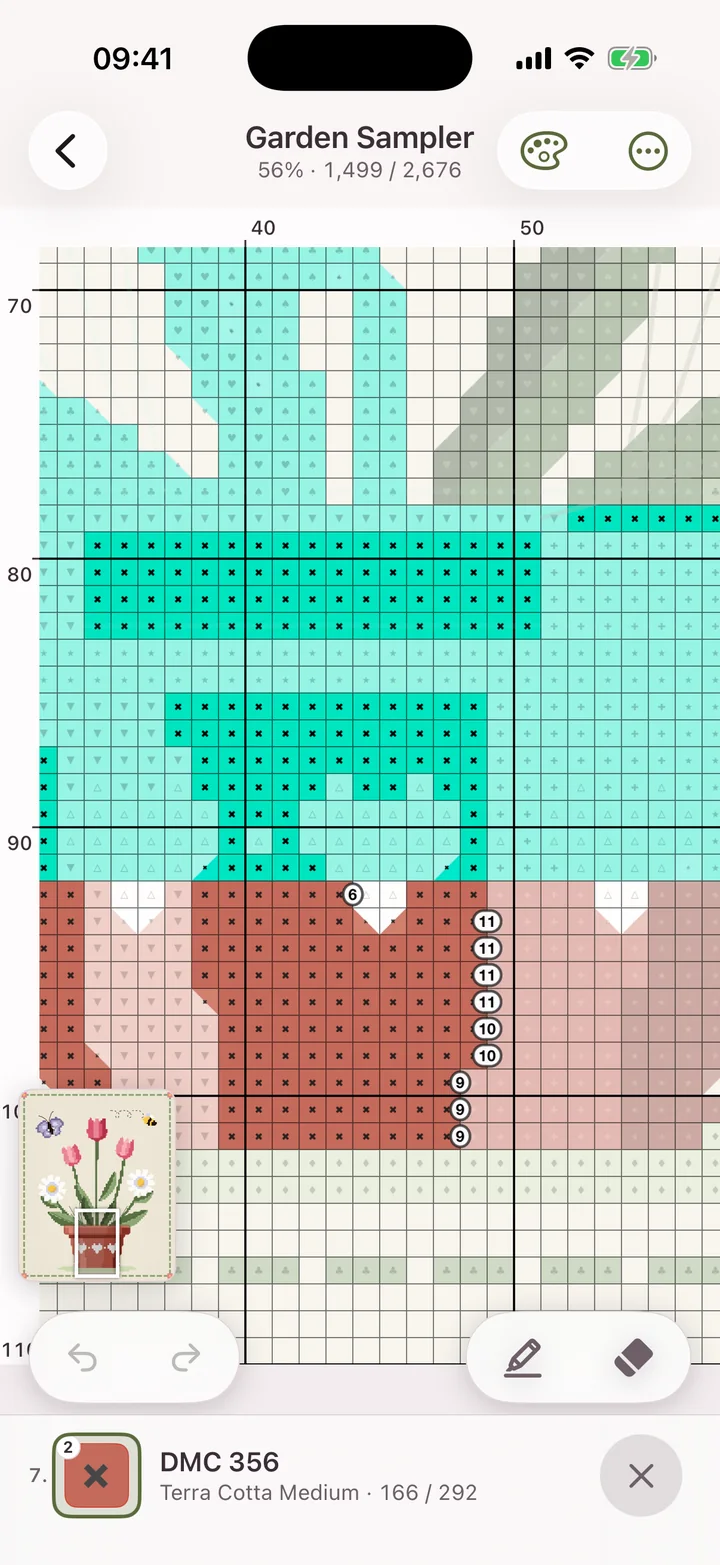 One floss colour isolated on a cross-stitch chart, with badges giving the length of each run