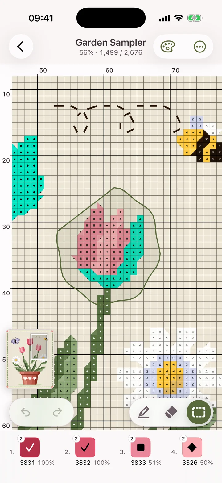 Drawing a work region round a tulip with a finger on iPhone