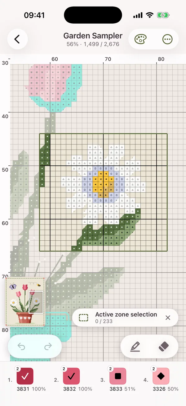 A work region selected around a daisy on iPhone, the rest of the chart faded